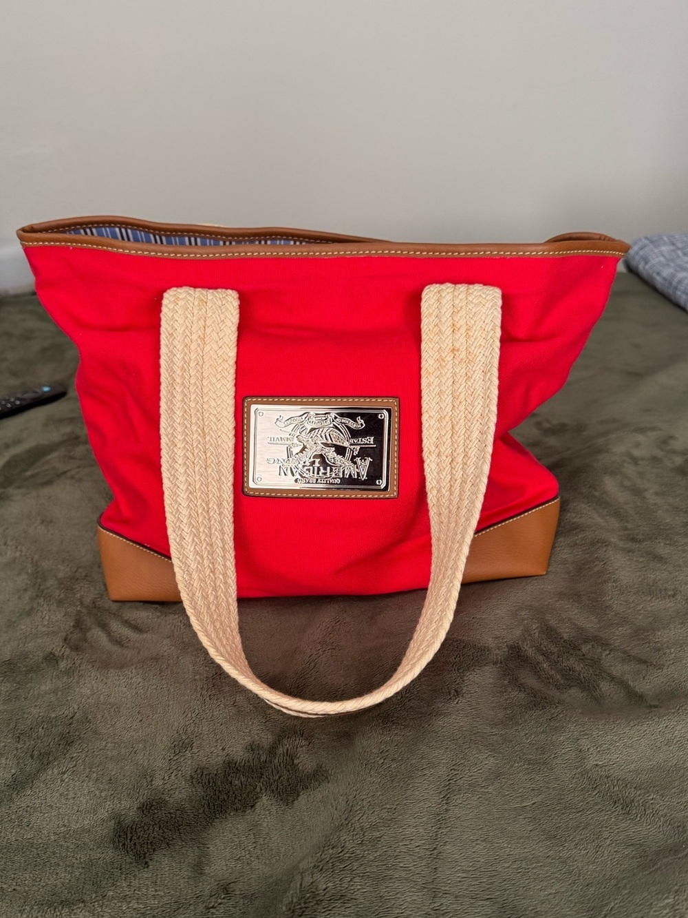 American Living Red Canvas Bag Faux Leather Trim